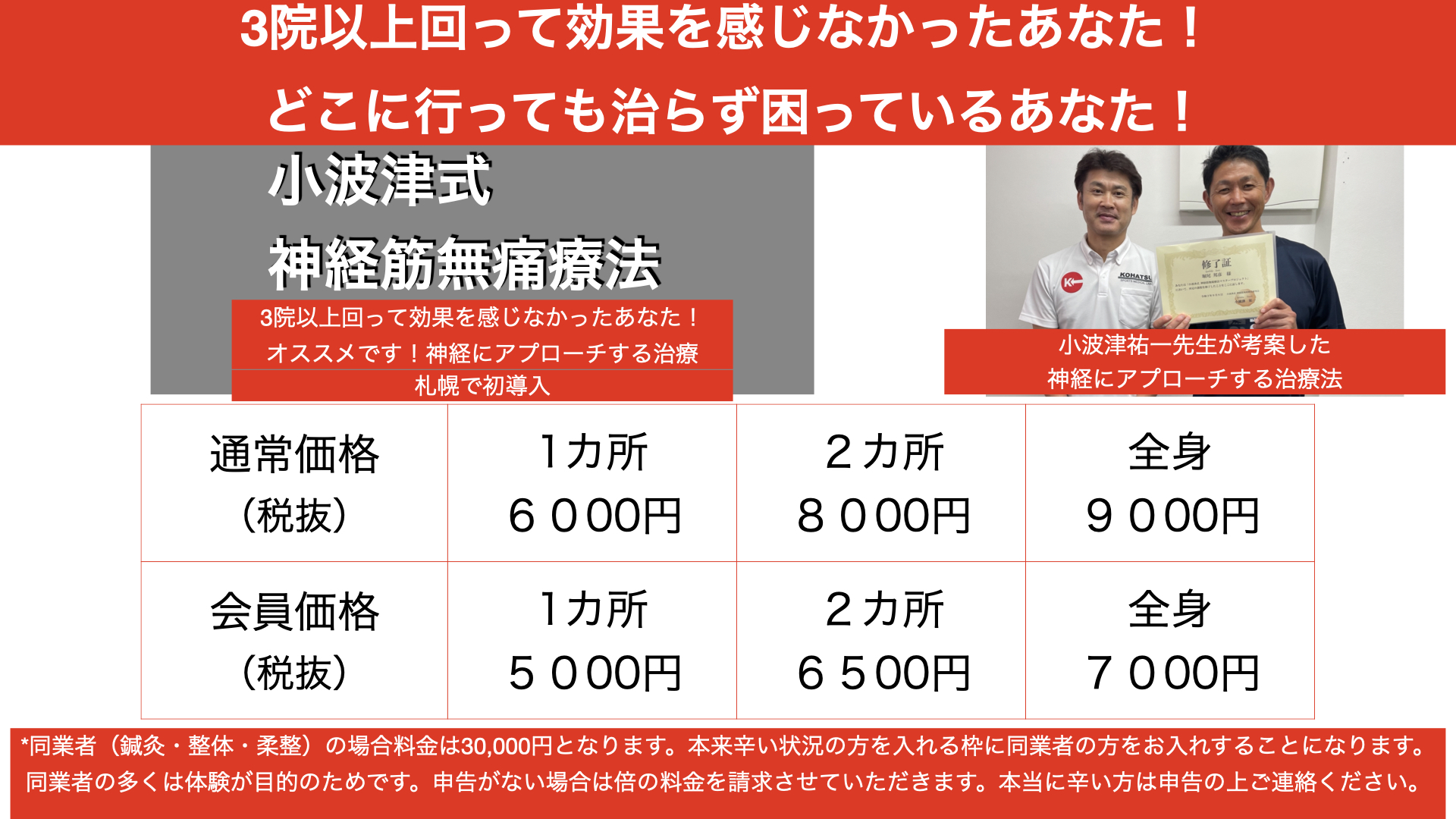 #小波津式神経筋無痛療法 3院以上回って効果を感じなかったあなた！  どこに行っても治らず困っているあなた！ *同業者（鍼灸・整体・柔整）の場合料金は30,000円となります。本来辛い状況の方を入れる枠に同業者の方をお入れすることになります。同業者の多くは体験が目的のためです。申告がない場合は倍の料金を請求させていただきます。本当に辛い方は申告の上ご連絡ください。